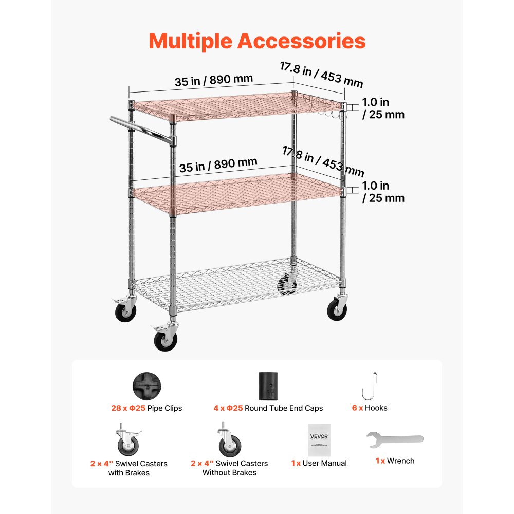 VEVOR Kitchen Utility Cart, 3 Tier Heavy Duty Adjustable Wire Storage Rack, Commercial Steel Rolling Service Trolley on Wheels, Work Table with Handle Bar, for Garage and Laundry Room, 89x45x104 cm