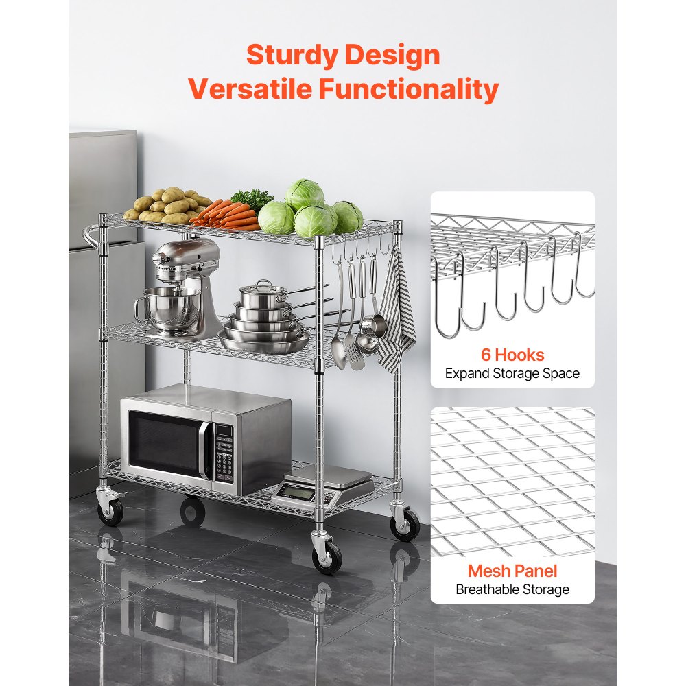 VEVOR Kitchen Utility Cart, 3 Tier Heavy Duty Adjustable Wire Storage Rack, Commercial Steel Rolling Service Trolley on Wheels, Work Table with Handle Bar, for Garage and Laundry Room, 89x45x104 cm