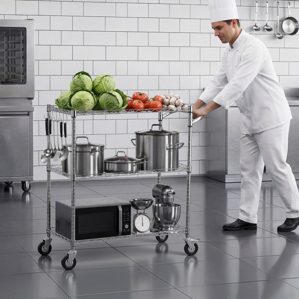 VEVOR Kitchen Utility Cart, 3 Tier Heavy Duty Adjustable Wire Storage Rack, Commercial Steel Rolling Service Trolley on Wheels, Work Table with Handle Bar, for Garage and Laundry Room, 89x45x104 cm
