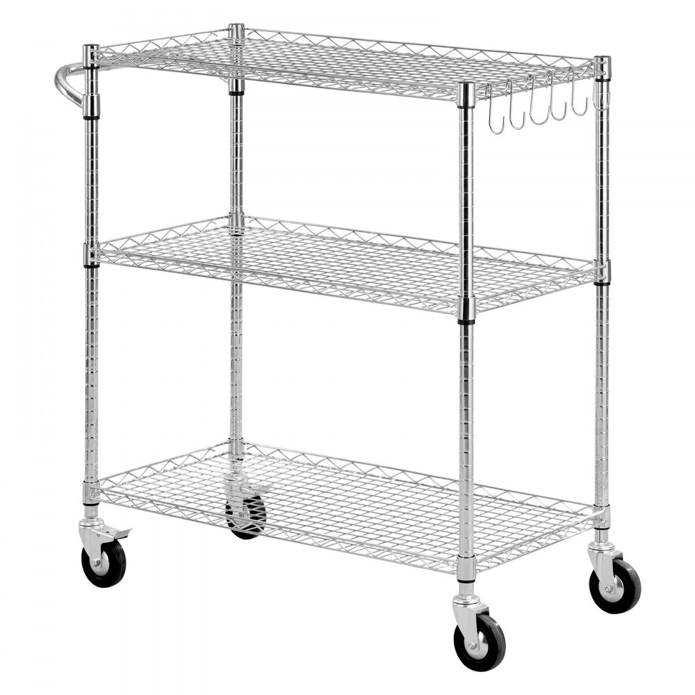 VEVOR Kitchen Utility Cart, 3 Tier Heavy Duty Adjustable Wire Storage Rack, Commercial Steel Rolling Service Trolley on Wheels, Work Table with Handle Bar, for Garage and Laundry Room, 89x45x104 cm
