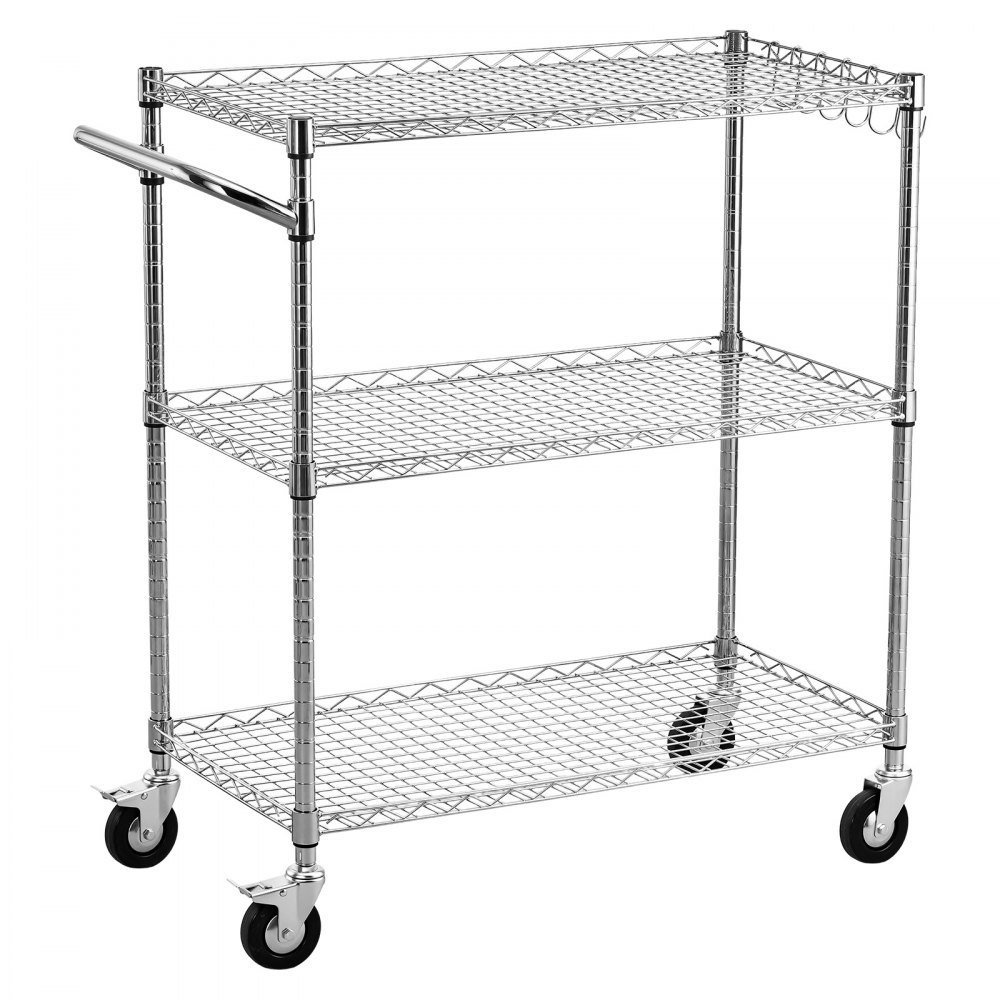 VEVOR Kitchen Utility Cart, 3 Tier Heavy Duty Adjustable Wire Storage Rack, Commercial Steel Rolling Service Trolley on Wheels, Work Table with Handle Bar, for Garage and Laundry Room, 89x45x104 cm