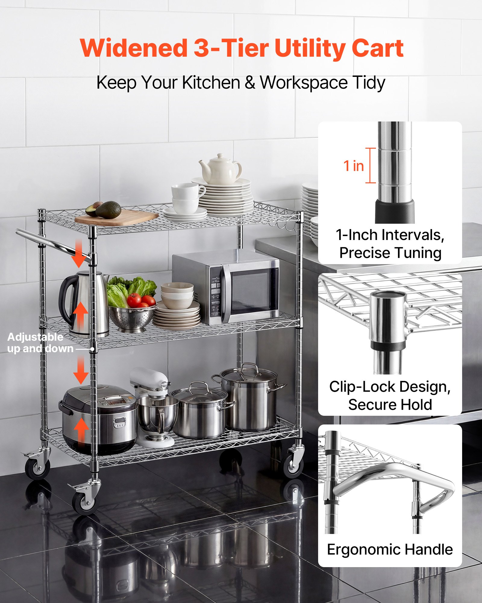 VEVOR Kitchen Utility Cart, 3 Tier Heavy Duty Adjustable Wire Storage Rack, Commercial Steel Rolling Service Trolley on Wheels, Work Table with Handle Bar, for Garage and Laundry Room, 89x45x104 cm