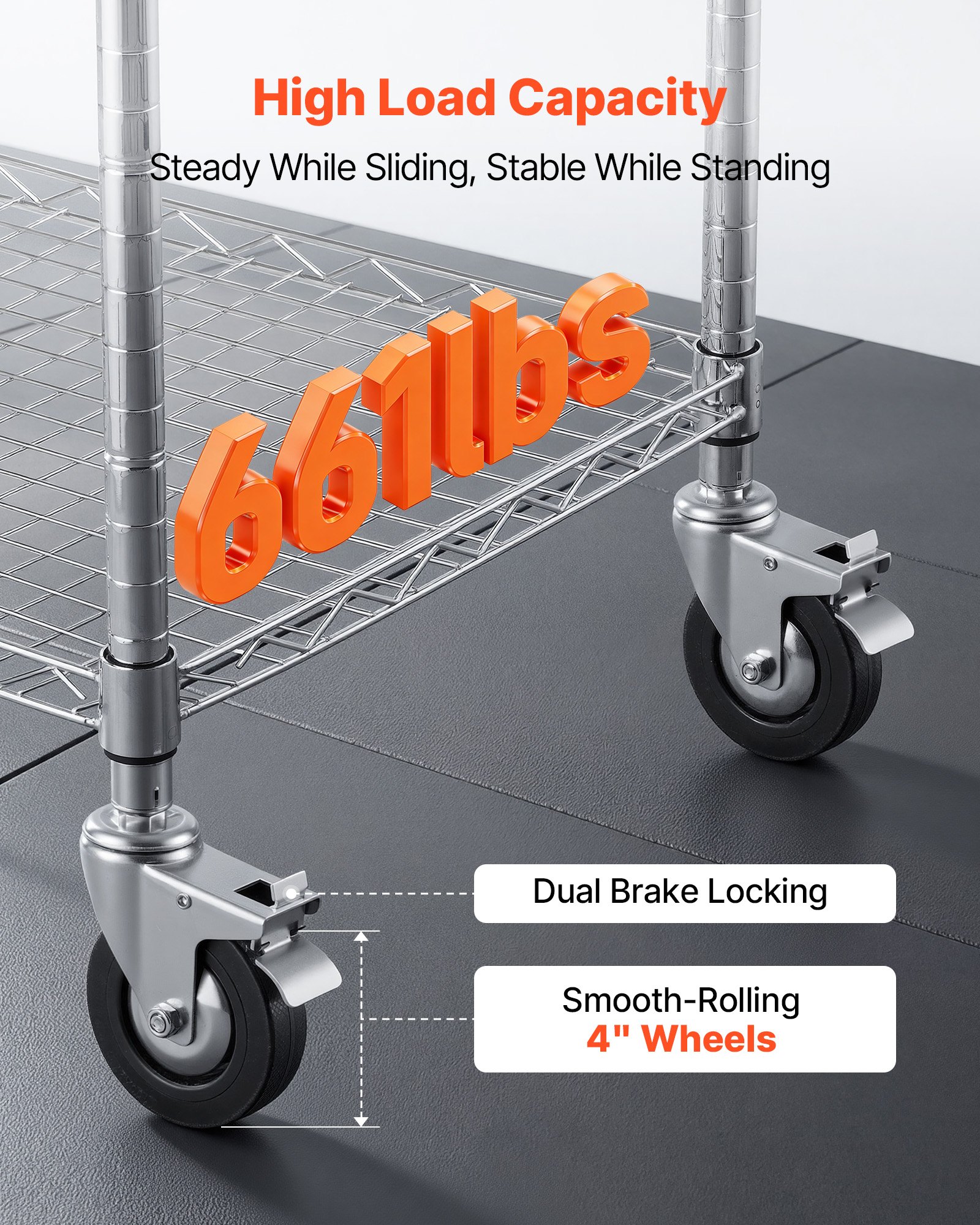 VEVOR Kitchen Utility Cart, 3 Tier Heavy Duty Adjustable Wire Storage Rack, Commercial Steel Rolling Service Trolley on Wheels, Work Table with Handle Bar, for Garage and Laundry Room, 89x45x104 cm