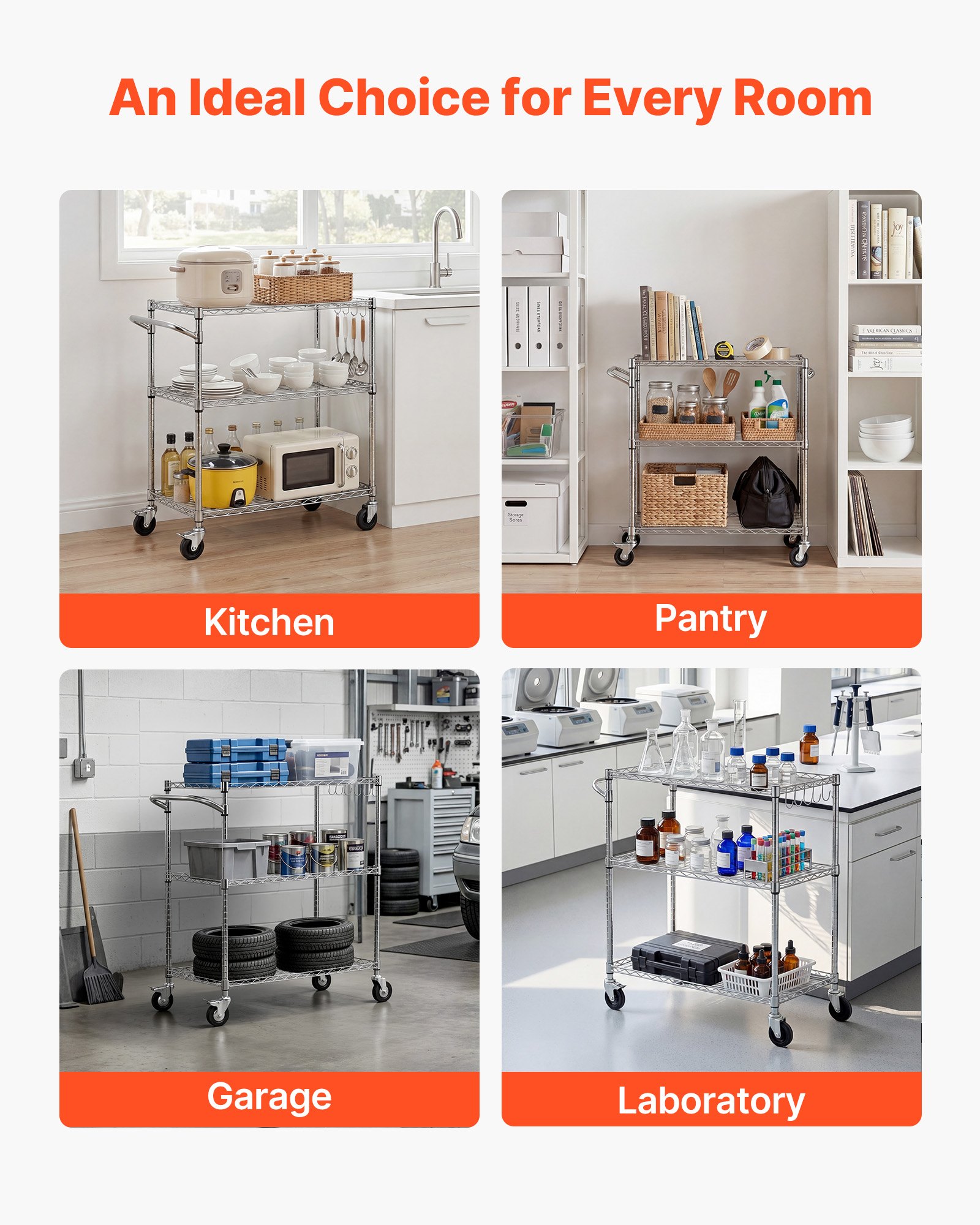 VEVOR Kitchen Utility Cart, 3 Tier Heavy Duty Adjustable Wire Storage Rack, Commercial Steel Rolling Service Trolley on Wheels, Work Table with Handle Bar, for Garage and Laundry Room, 89x45x104 cm