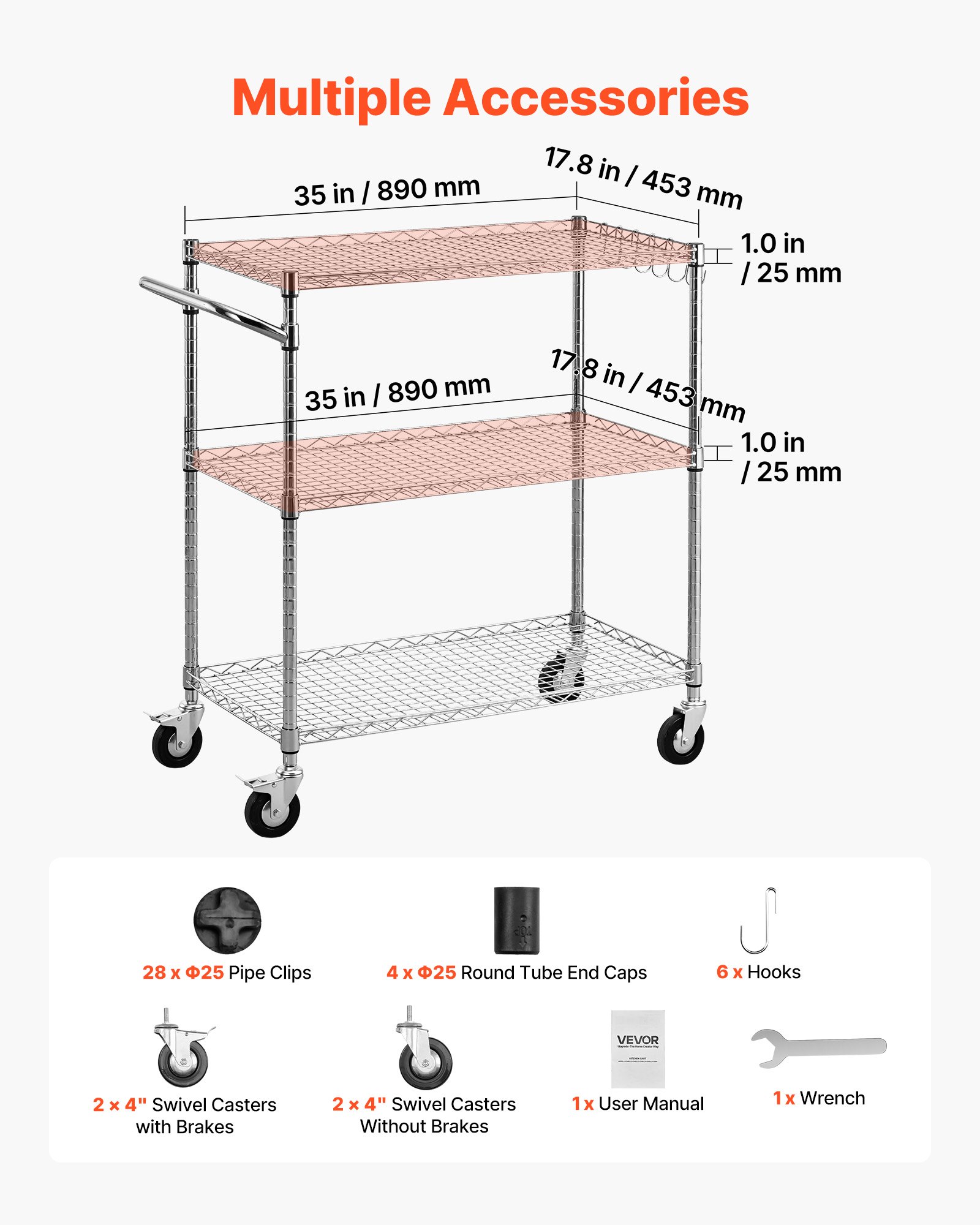 VEVOR Kitchen Utility Cart, 3 Tier Heavy Duty Adjustable Wire Storage Rack, Commercial Steel Rolling Service Trolley on Wheels, Work Table with Handle Bar, for Garage and Laundry Room, 89x45x104 cm