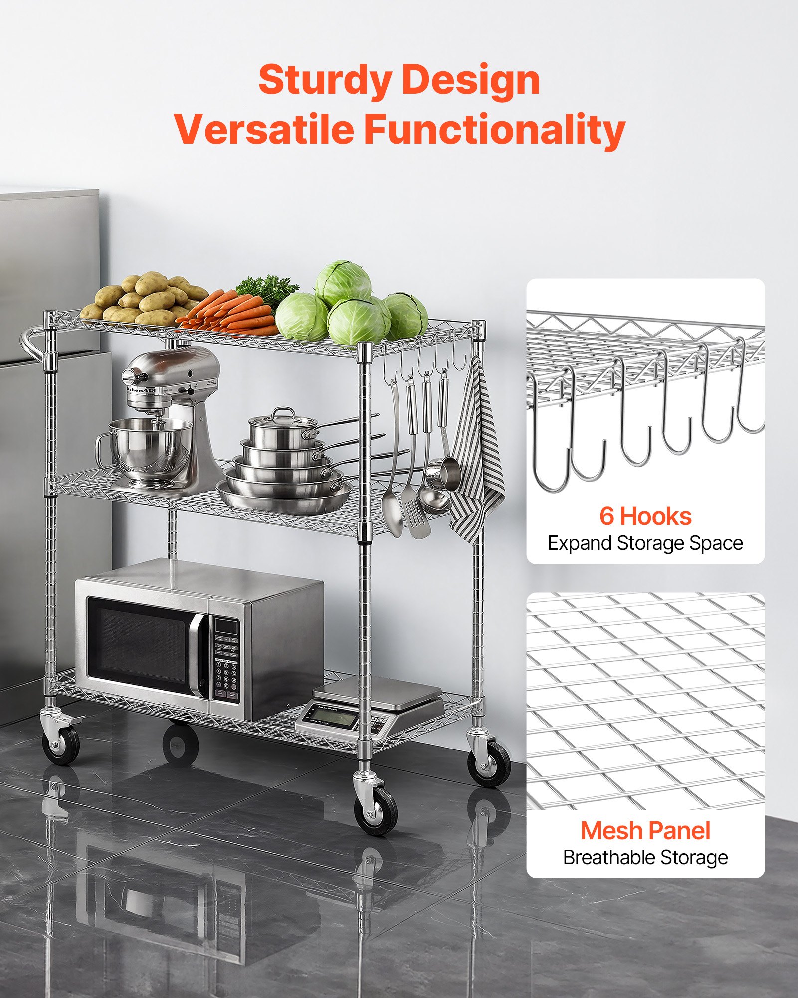 VEVOR Kitchen Utility Cart, 3 Tier Heavy Duty Adjustable Wire Storage Rack, Commercial Steel Rolling Service Trolley on Wheels, Work Table with Handle Bar, for Garage and Laundry Room, 89x45x104 cm