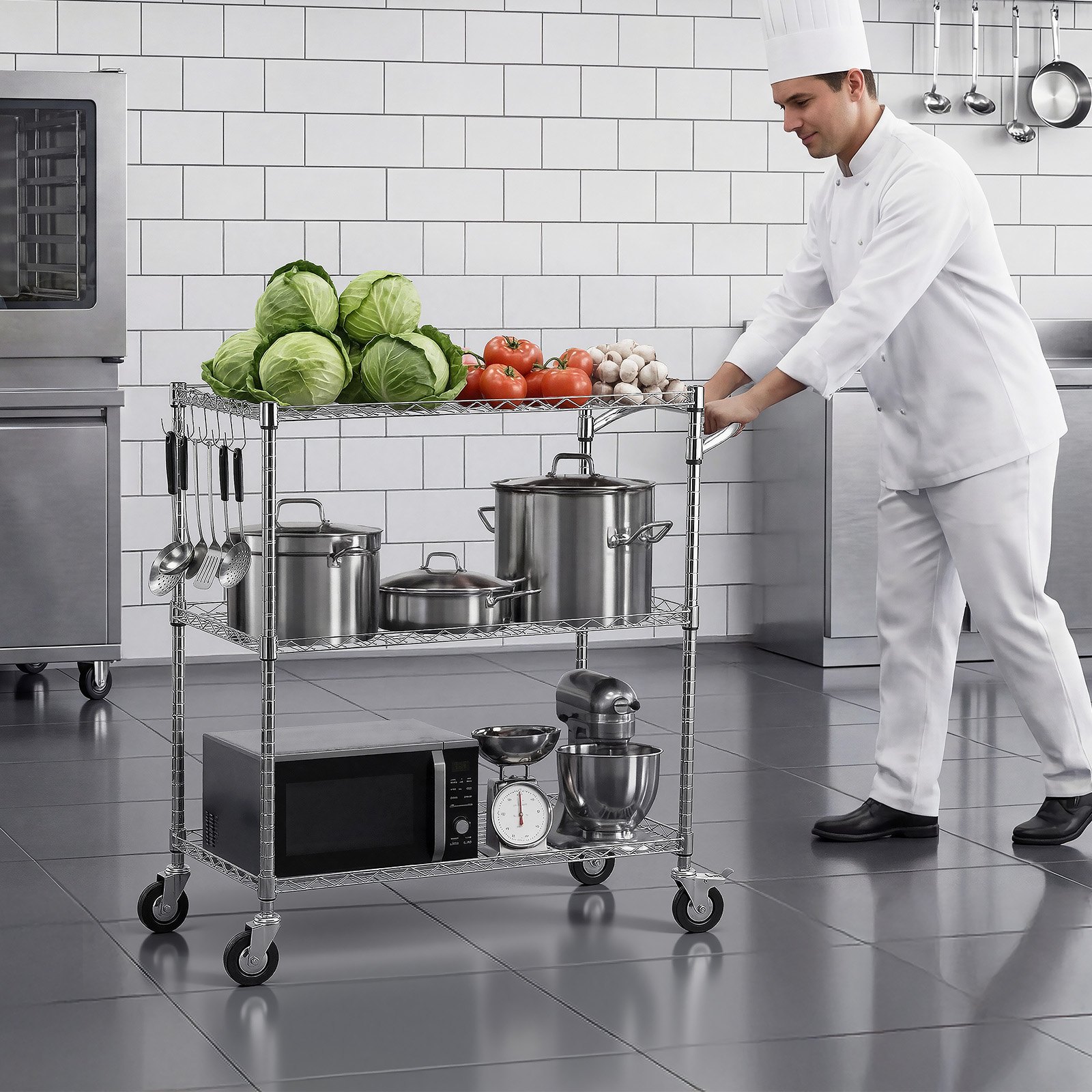 VEVOR Kitchen Utility Cart, 3 Tier Heavy Duty Adjustable Wire Storage Rack, Commercial Steel Rolling Service Trolley on Wheels, Work Table with Handle Bar, for Garage and Laundry Room, 89x45x104 cm