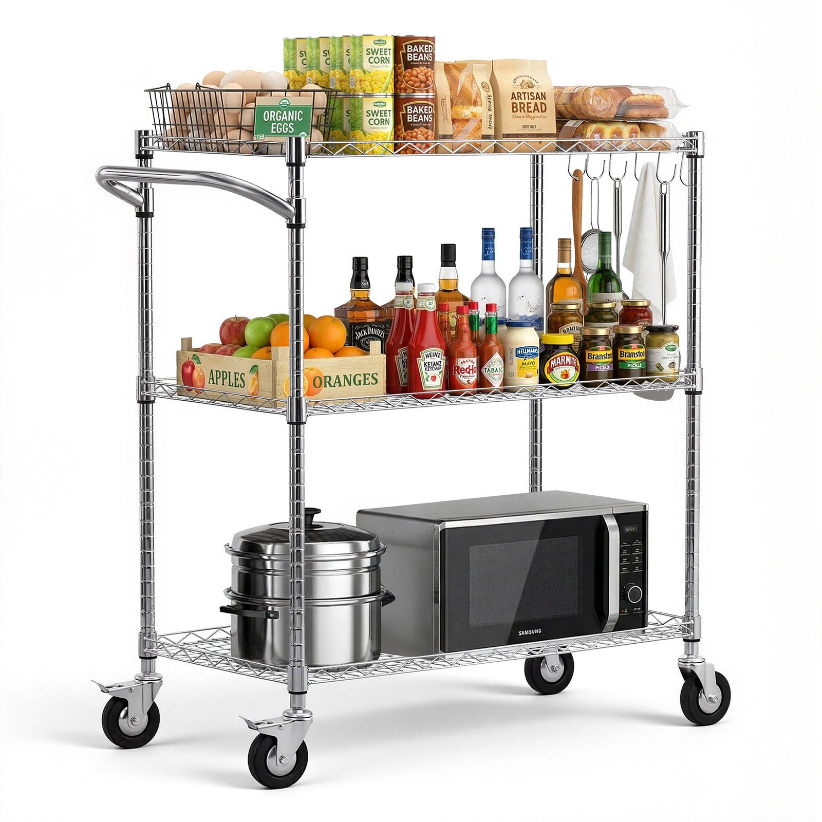 VEVOR Kitchen Utility Cart, 3 Tier Heavy Duty Adjustable Wire Storage Rack, Commercial Steel Rolling Service Trolley on Wheels, Work Table with Handle Bar, for Garage and Laundry Room, 89x45x104 cm