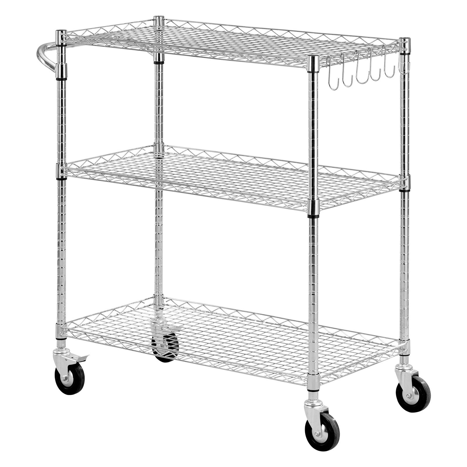 VEVOR Kitchen Utility Cart, 3 Tier Heavy Duty Adjustable Wire Storage Rack, Commercial Steel Rolling Service Trolley on Wheels, Work Table with Handle Bar, for Garage and Laundry Room, 89x45x104 cm