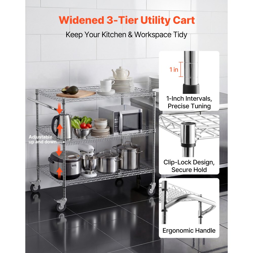 VEVOR Kitchen Utility Cart, 3 Tier Heavy Duty Adjustable Wire Storage Rack, Commercial Steel Rolling Service Trolley on Wheels, Work Table with Handle Bar, for Garage and Laundry Room, 102x63x104 cm