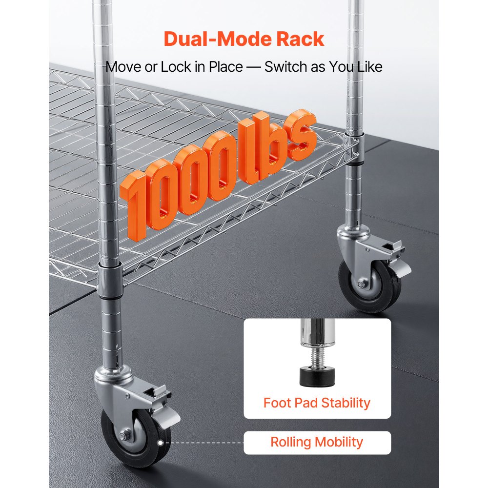 VEVOR Kitchen Utility Cart, 3 Tier Heavy Duty Adjustable Wire Storage Rack, Commercial Steel Rolling Service Trolley on Wheels, Work Table with Handle Bar, for Garage and Laundry Room, 102x63x104 cm