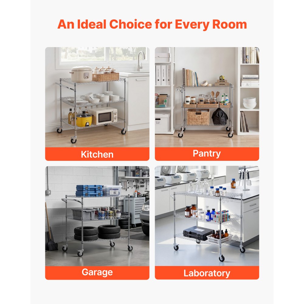 VEVOR Kitchen Utility Cart, 3 Tier Heavy Duty Adjustable Wire Storage Rack, Commercial Steel Rolling Service Trolley on Wheels, Work Table with Handle Bar, for Garage and Laundry Room, 102x63x104 cm