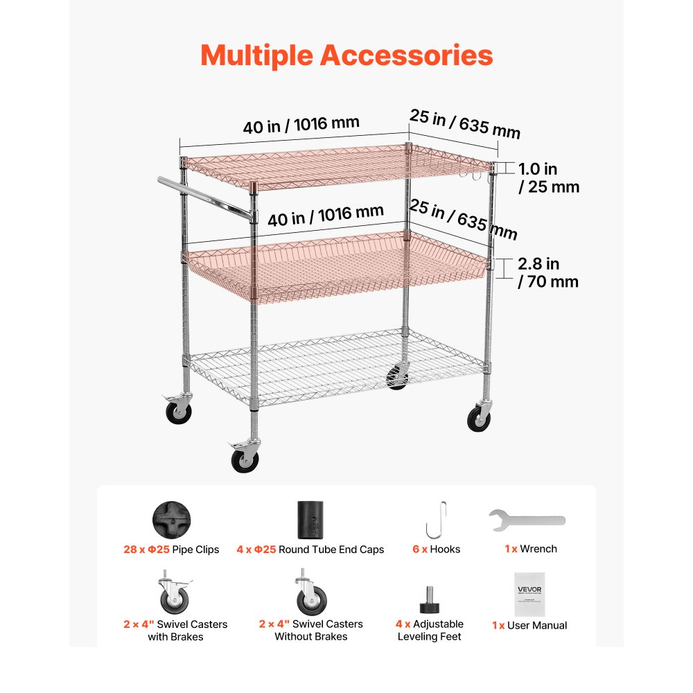 VEVOR Kitchen Utility Cart, 3 Tier Heavy Duty Adjustable Wire Storage Rack, Commercial Steel Rolling Service Trolley on Wheels, Work Table with Handle Bar, for Garage and Laundry Room, 102x63x104 cm