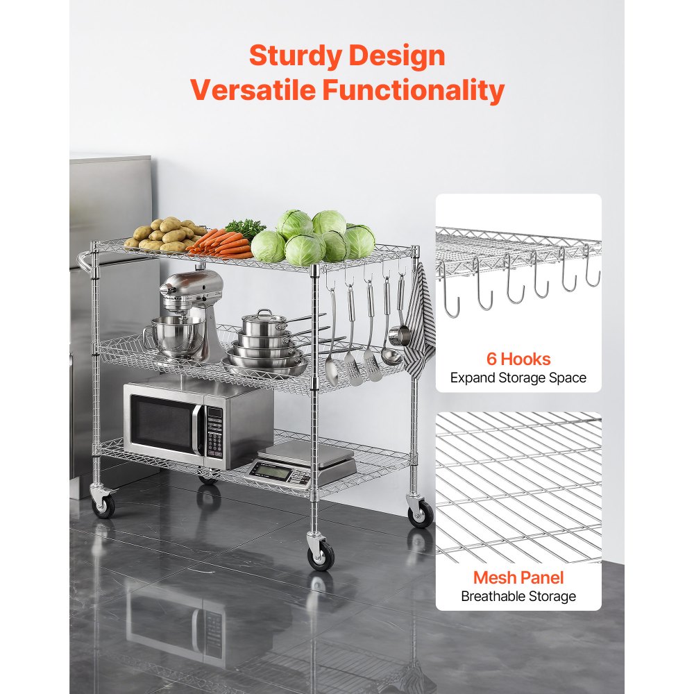 VEVOR Kitchen Utility Cart, 3 Tier Heavy Duty Adjustable Wire Storage Rack, Commercial Steel Rolling Service Trolley on Wheels, Work Table with Handle Bar, for Garage and Laundry Room, 102x63x104 cm