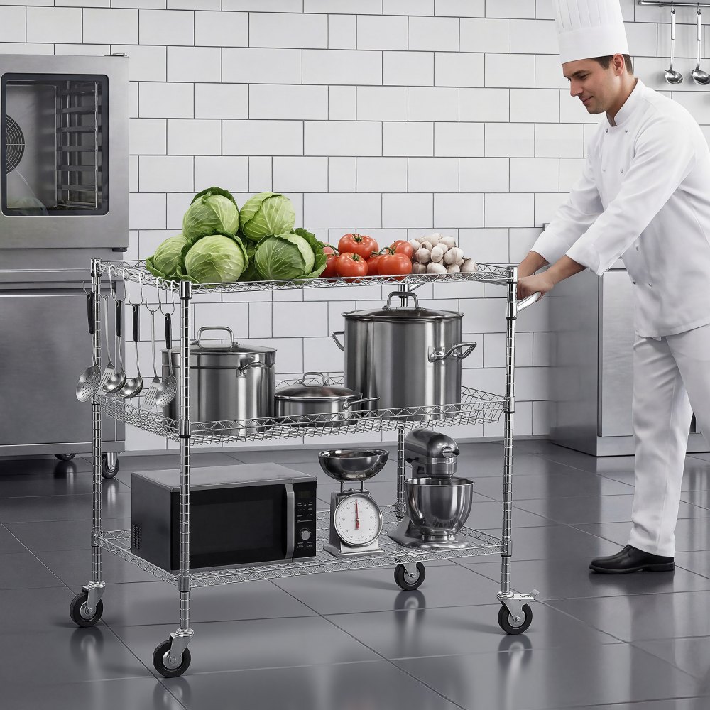 VEVOR Kitchen Utility Cart, 3 Tier Heavy Duty Adjustable Wire Storage Rack, Commercial Steel Rolling Service Trolley on Wheels, Work Table with Handle Bar, for Garage and Laundry Room, 102x63x104 cm