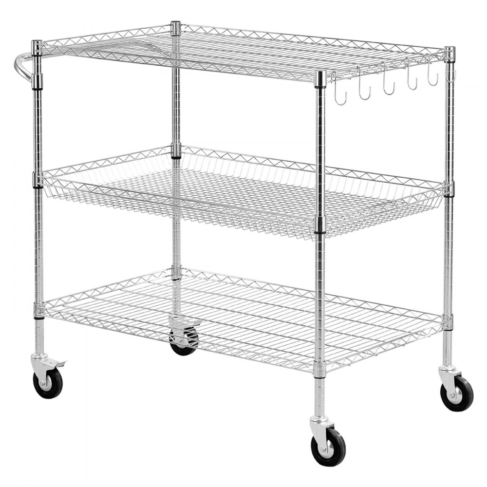 VEVOR Kitchen Utility Cart, 3 Tier Heavy Duty Adjustable Wire Storage Rack, Commercial Steel Rolling Service Trolley on Wheels, Work Table with Handle Bar, for Garage and Laundry Room, 102x63x104 cm