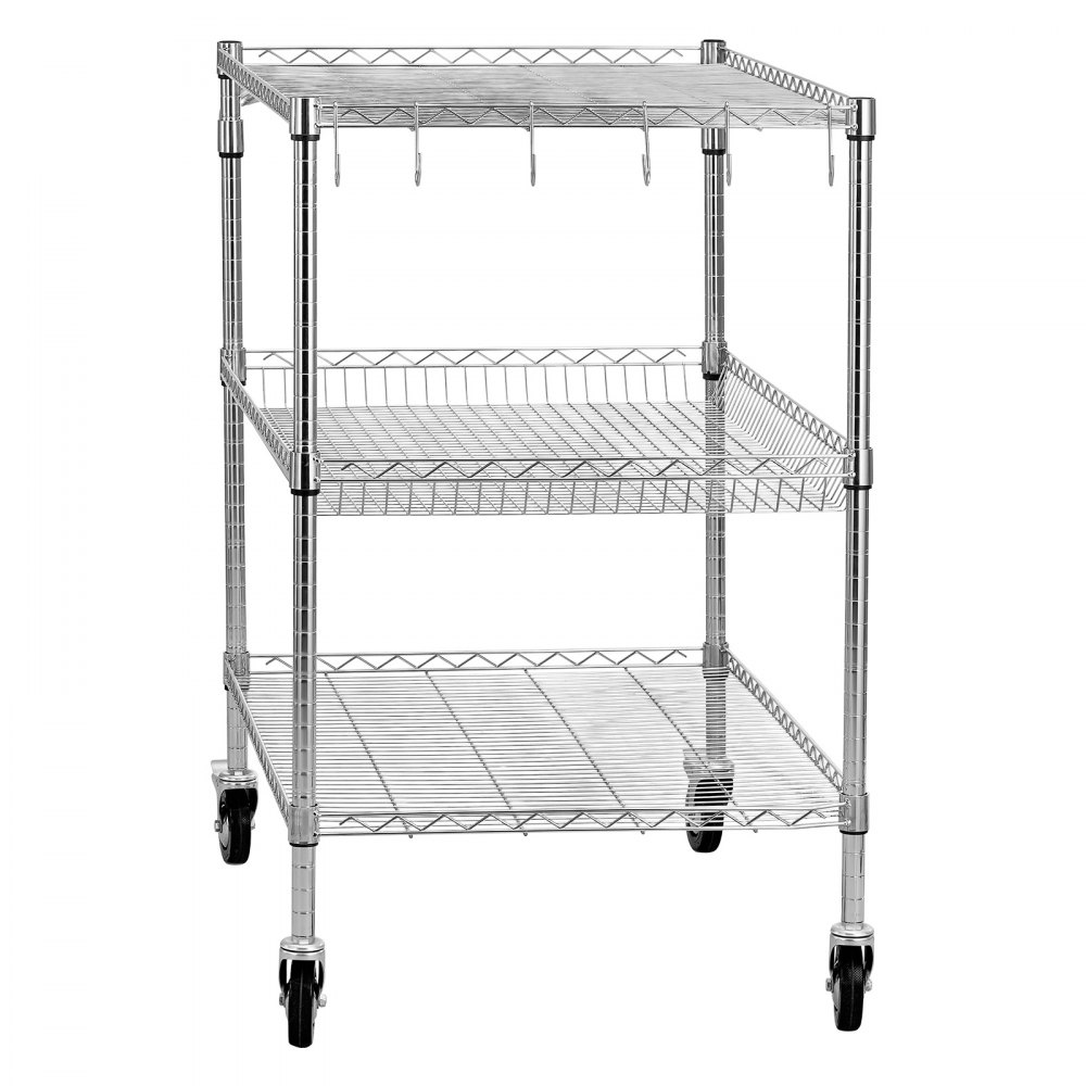 VEVOR Kitchen Utility Cart, 3 Tier Heavy Duty Adjustable Wire Storage Rack, Commercial Steel Rolling Service Trolley on Wheels, Work Table with Handle Bar, for Garage and Laundry Room, 102x63x104 cm