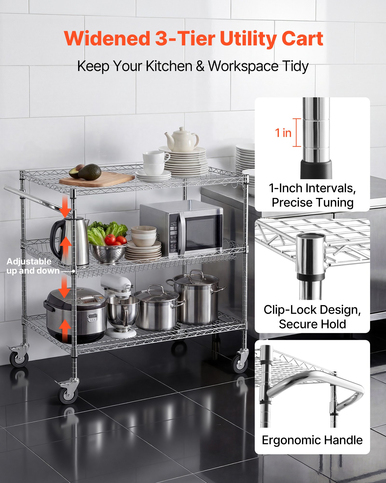 VEVOR Kitchen Utility Cart, 3 Tier Heavy Duty Adjustable Wire Storage Rack, Commercial Steel Rolling Service Trolley on Wheels, Work Table with Handle Bar, for Garage and Laundry Room, 102x63x104 cm