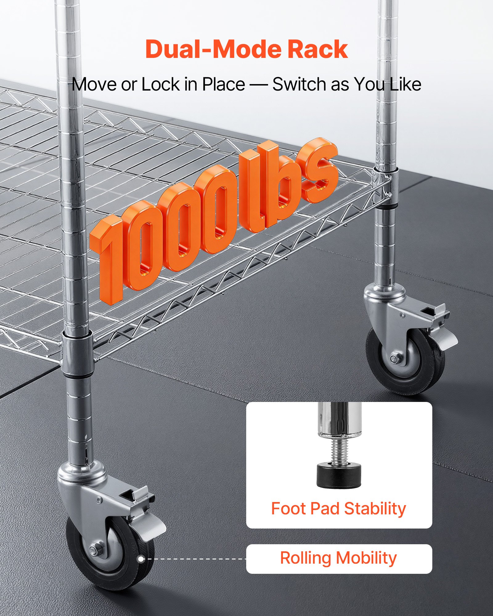 VEVOR Kitchen Utility Cart, 3 Tier Heavy Duty Adjustable Wire Storage Rack, Commercial Steel Rolling Service Trolley on Wheels, Work Table with Handle Bar, for Garage and Laundry Room, 102x63x104 cm