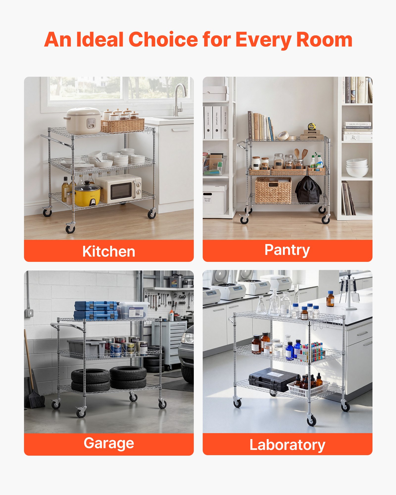 VEVOR Kitchen Utility Cart, 3 Tier Heavy Duty Adjustable Wire Storage Rack, Commercial Steel Rolling Service Trolley on Wheels, Work Table with Handle Bar, for Garage and Laundry Room, 102x63x104 cm