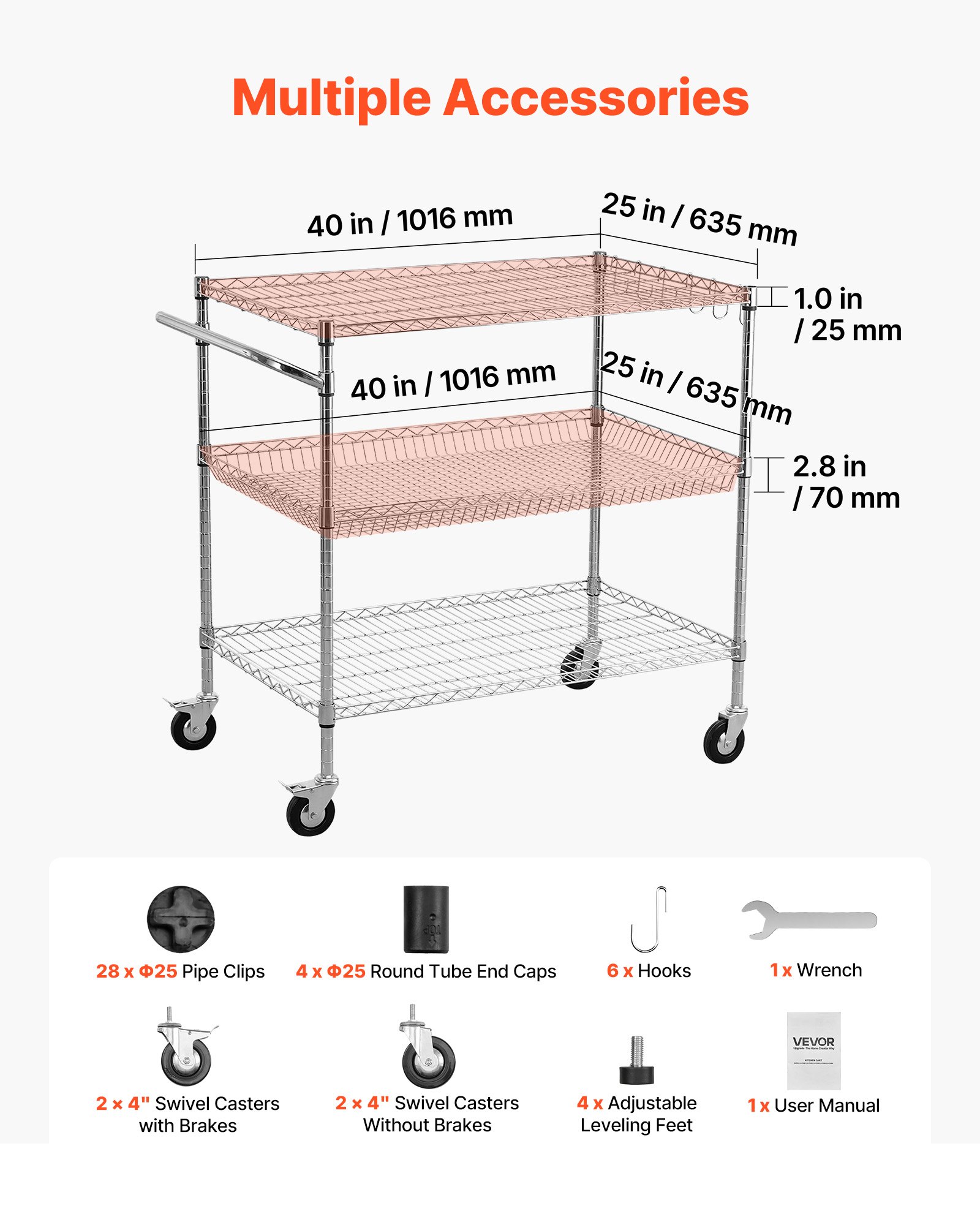 VEVOR Kitchen Utility Cart, 3 Tier Heavy Duty Adjustable Wire Storage Rack, Commercial Steel Rolling Service Trolley on Wheels, Work Table with Handle Bar, for Garage and Laundry Room, 102x63x104 cm