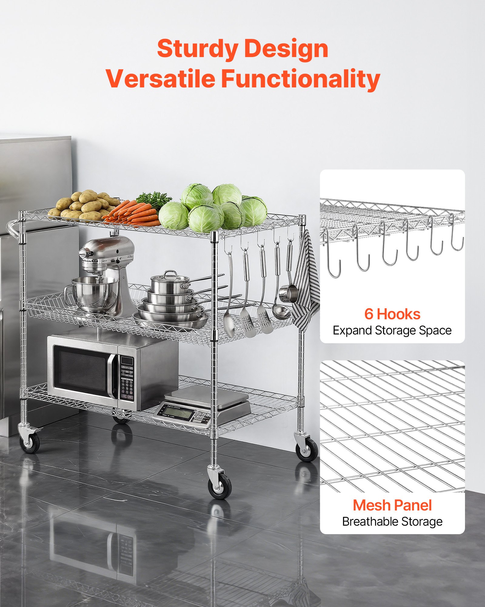 VEVOR Kitchen Utility Cart, 3 Tier Heavy Duty Adjustable Wire Storage Rack, Commercial Steel Rolling Service Trolley on Wheels, Work Table with Handle Bar, for Garage and Laundry Room, 102x63x104 cm