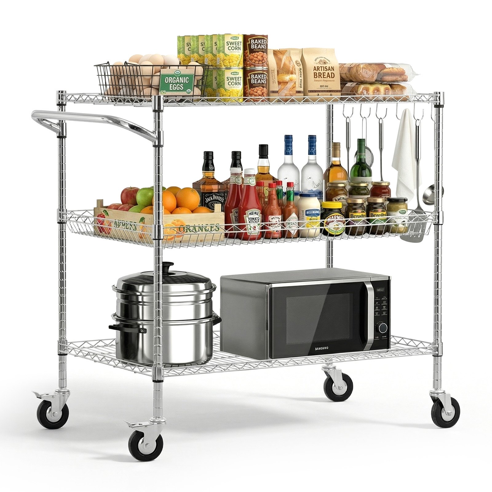 VEVOR Kitchen Utility Cart, 3 Tier Heavy Duty Adjustable Wire Storage Rack, Commercial Steel Rolling Service Trolley on Wheels, Work Table with Handle Bar, for Garage and Laundry Room, 102x63x104 cm