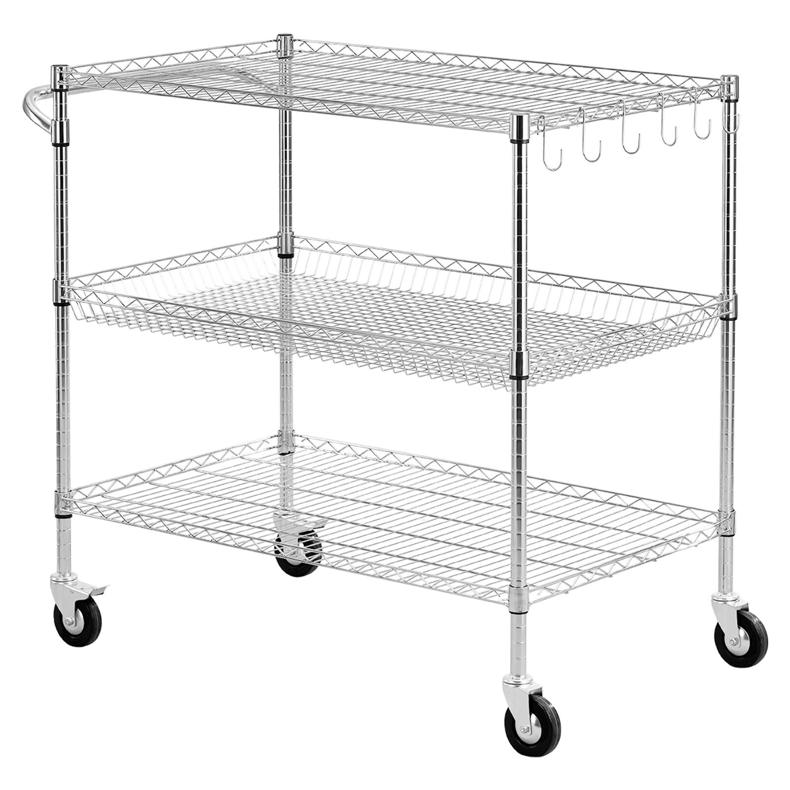 VEVOR Kitchen Utility Cart, 3 Tier Heavy Duty Adjustable Wire Storage Rack, Commercial Steel Rolling Service Trolley on Wheels, Work Table with Handle Bar, for Garage and Laundry Room, 102x63x104 cm