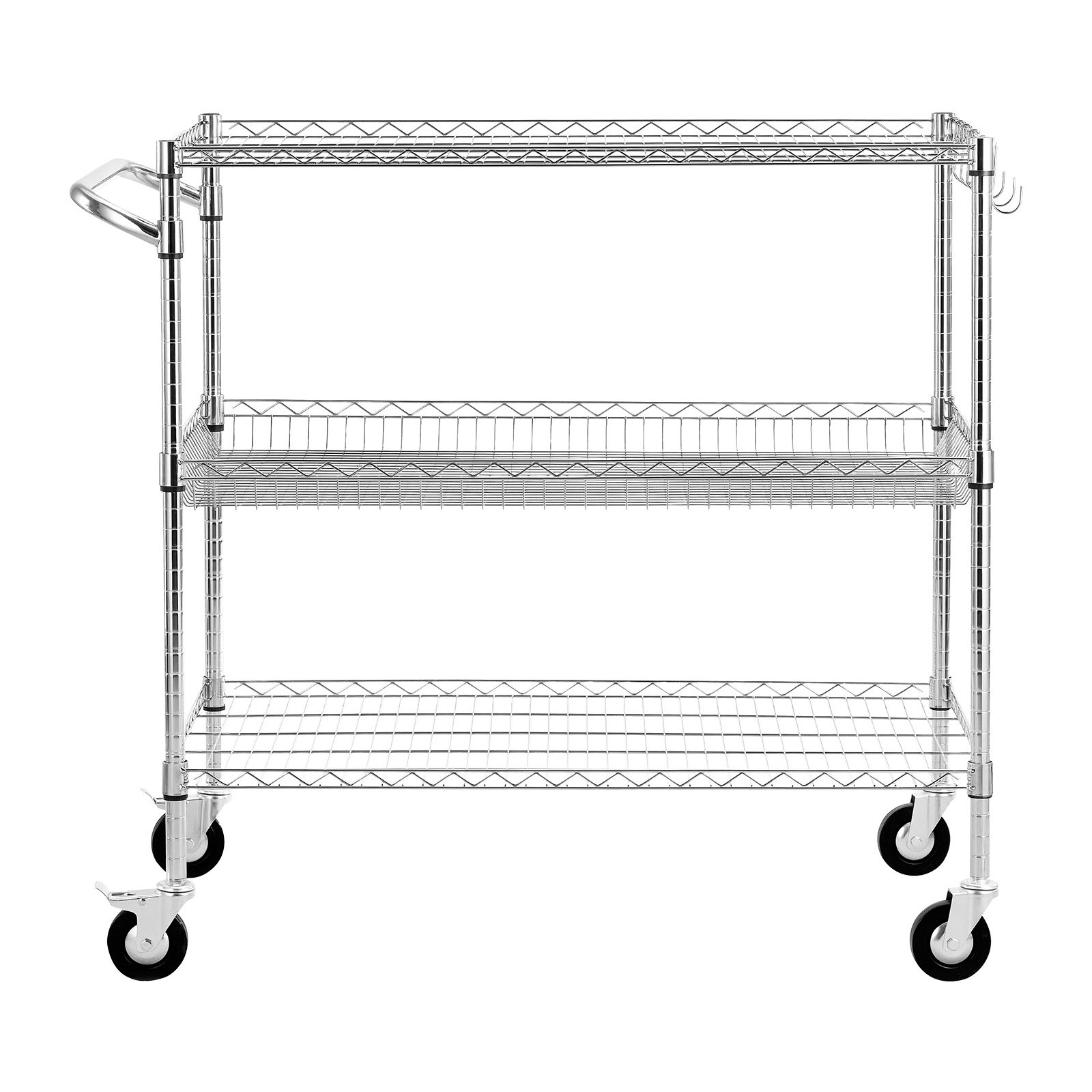 VEVOR Kitchen Utility Cart, 3 Tier Heavy Duty Adjustable Wire Storage Rack, Commercial Steel Rolling Service Trolley on Wheels, Work Table with Handle Bar, for Garage and Laundry Room, 102x63x104 cm