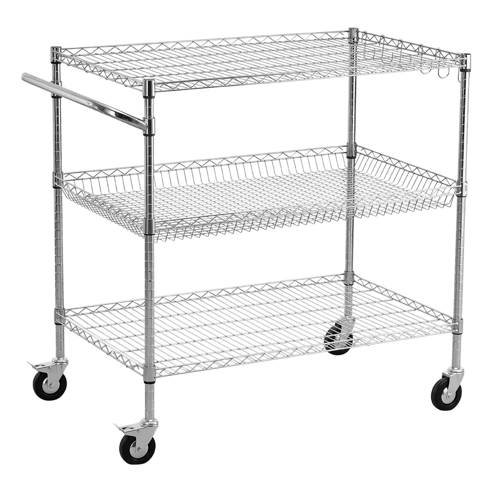 VEVOR Kitchen Utility Cart, 3 Tier Heavy Duty Adjustable Wire Storage Rack, Commercial Steel Rolling Service Trolley on Wheels, Work Table with Handle Bar, for Garage and Laundry Room, 102x63x104 cm