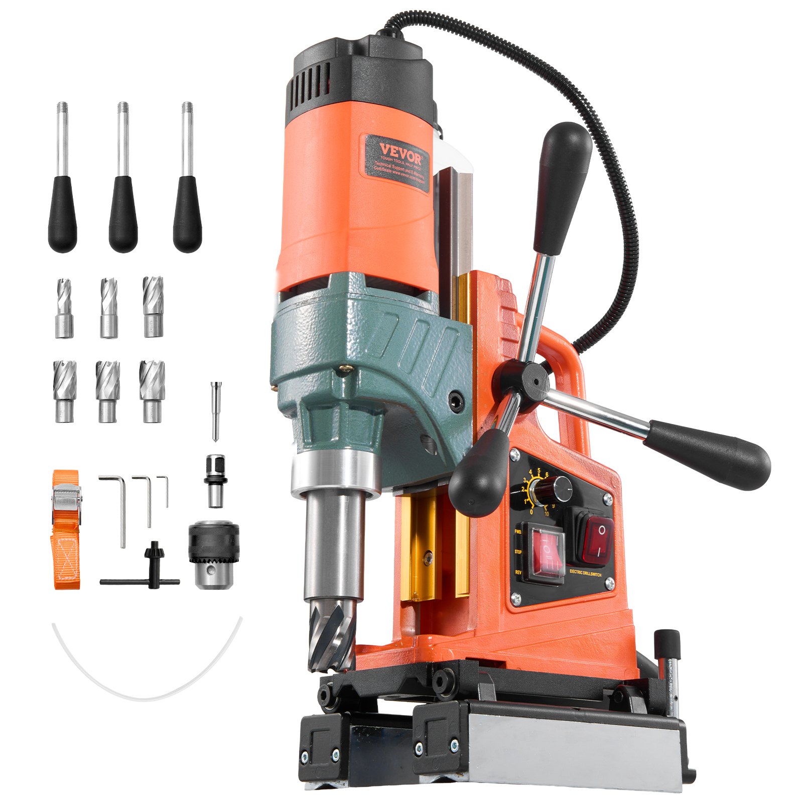 VEVOR Magnetic Drill Press, 1400 W, 50 mm Boring Diameter, 0-850 RPM Speed, Reversible Direction, Mag Drill Press with 6 Core Bits, Electric Drilling Machine for Industrial and Home Improvement