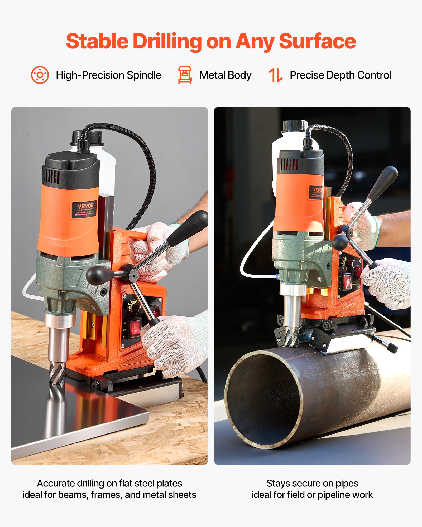 VEVOR Magnetic Drill Press, 1400 W, 50 mm Boring Diameter, 0-850 RPM Speed, Reversible Direction, Mag Drill Press for Metal Surface, Electric Drilling Machine for Industrial and Home Improvement
