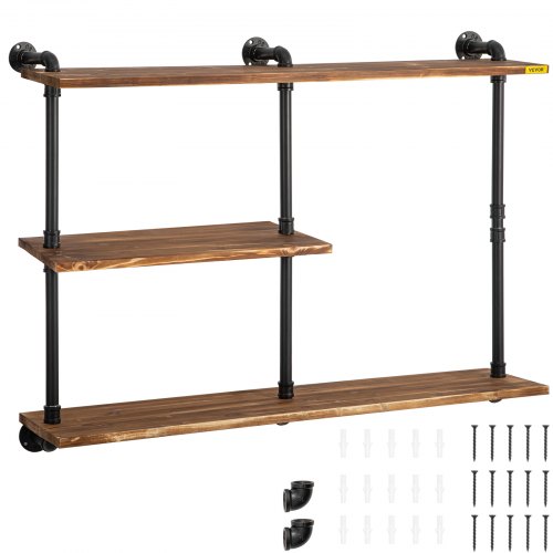 VEVOR Industrial Pipe Shelving, Pipe Shelves with 3-Tier Wood Planks, Rustic Floating Shelves Wall Mounted, Wall Shelf DIY Bookshelf for Bar Kitchen Bathroom Farmhouse Living Room, 43x38x11 inch