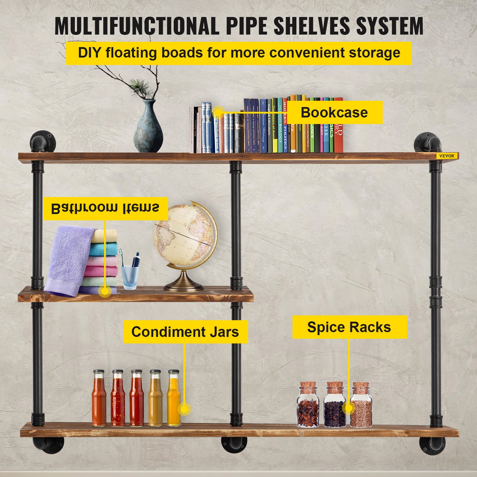 VEVOR Industrial Pipe Shelving, Pipe Shelves with 3-Tier Wood Planks, Rustic Floating Shelves Wall Mounted, Wall Shelf DIY Bookshelf for Bar Kitchen Bathroom Farmhouse Living Room, 43x38x11 inch