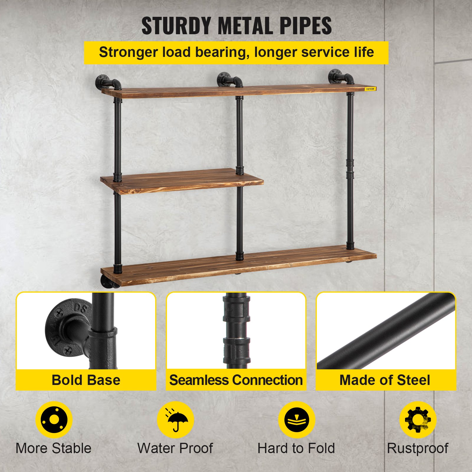 VEVOR Industrial Pipe Shelving, Pipe Shelves with 3-Tier Wood Planks, Rustic Floating Shelves Wall Mounted, Wall Shelf DIY Bookshelf for Bar Kitchen Bathroom Farmhouse Living Room, 43x38x11 inch