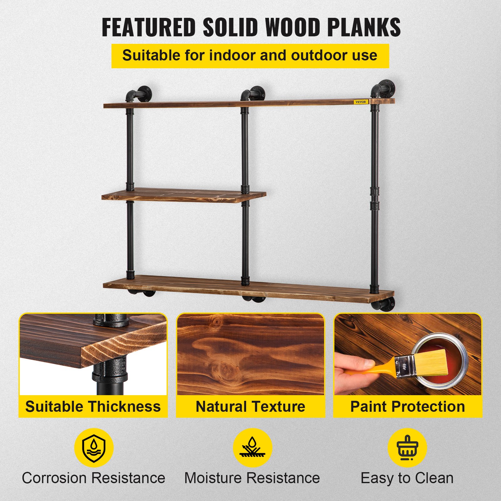 VEVOR Industrial Pipe Shelving, Pipe Shelves with 3-Tier Wood Planks, Rustic Floating Shelves Wall Mounted, Wall Shelf DIY Bookshelf for Bar Kitchen Bathroom Farmhouse Living Room, 43x38x11 inch