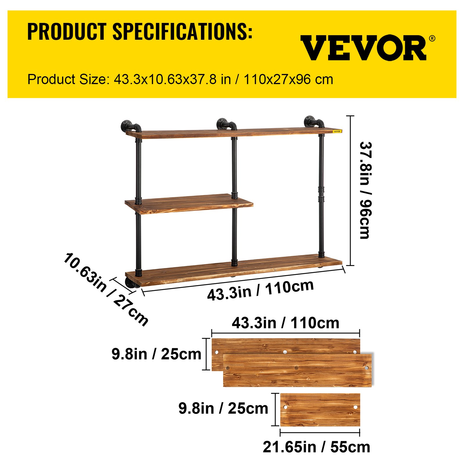 VEVOR Industrial Pipe Shelving, Pipe Shelves with 3-Tier Wood Planks, Rustic Floating Shelves Wall Mounted, Wall Shelf DIY Bookshelf for Bar Kitchen Bathroom Farmhouse Living Room, 43x38x11 inch