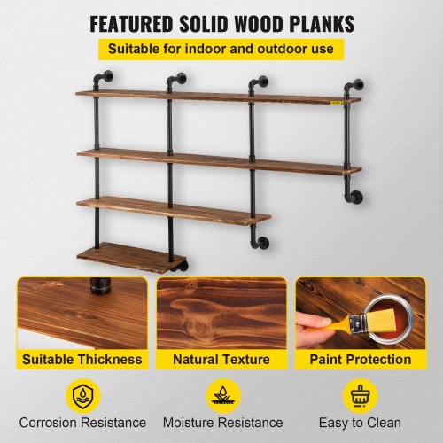 VEVOR Industrial Pipe Shelving, Pipe Shelves with 4-Tier Wood Planks, Rustic Floating Shelves Wall Mounted, Wall Shelf DIY Bookshelf for Bar Kitchen Bathroom Farmhouse Living Room, 63x50x11 inch