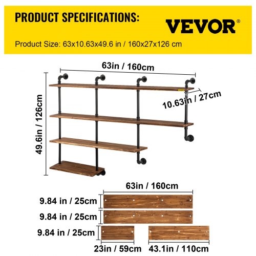 VEVOR Industrial Pipe Shelving, Pipe Shelves with 4-Tier Wood Planks, Rustic Floating Shelves Wall Mounted, Wall Shelf DIY Bookshelf for Bar Kitchen Bathroom Farmhouse Living Room, 63x50x11 inch