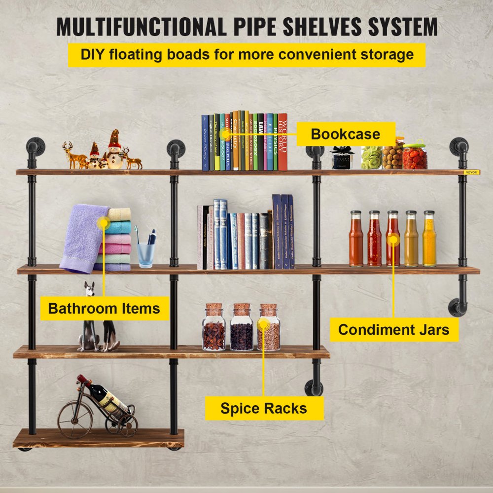VEVOR Industrial Pipe Shelving, Pipe Shelves with 4-Tier Wood Planks, Rustic Floating Shelves Wall Mounted, Wall Shelf DIY Bookshelf for Bar Kitchen Bathroom Farmhouse Living Room, 63x50x11 inch