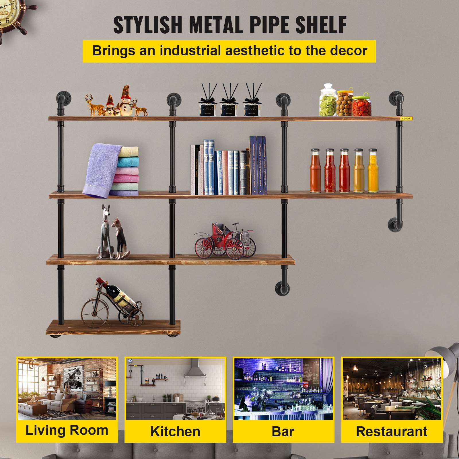 VEVOR Industrial Pipe Shelving, Pipe Shelves with 4-Tier Wood Planks, Rustic Floating Shelves Wall Mounted, Wall Shelf DIY Bookshelf for Bar Kitchen Bathroom Farmhouse Living Room, 63x50x11 inch