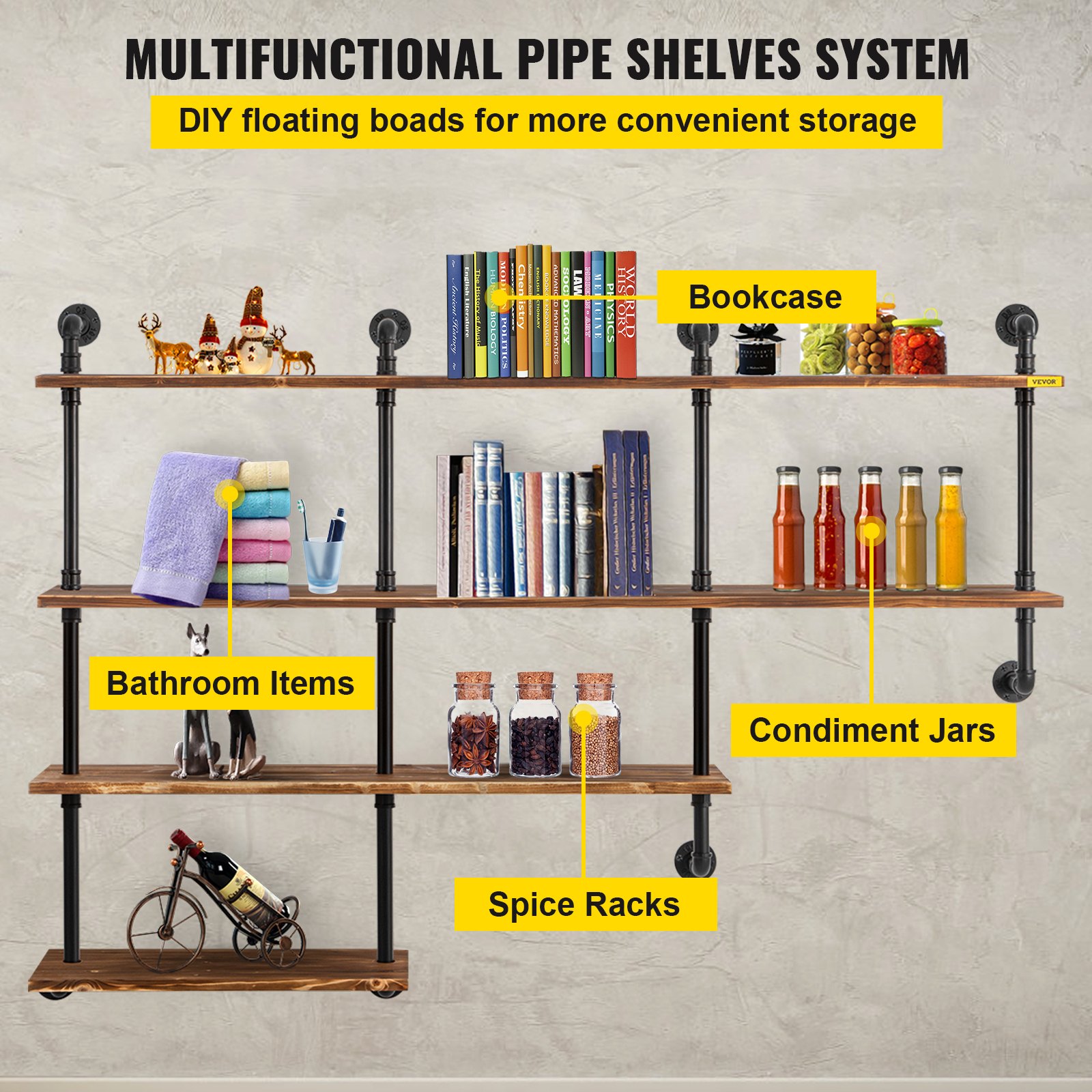 VEVOR Industrial Pipe Shelving, Pipe Shelves with 4-Tier Wood Planks, Rustic Floating Shelves Wall Mounted, Wall Shelf DIY Bookshelf for Bar Kitchen Bathroom Farmhouse Living Room, 63x50x11 inch