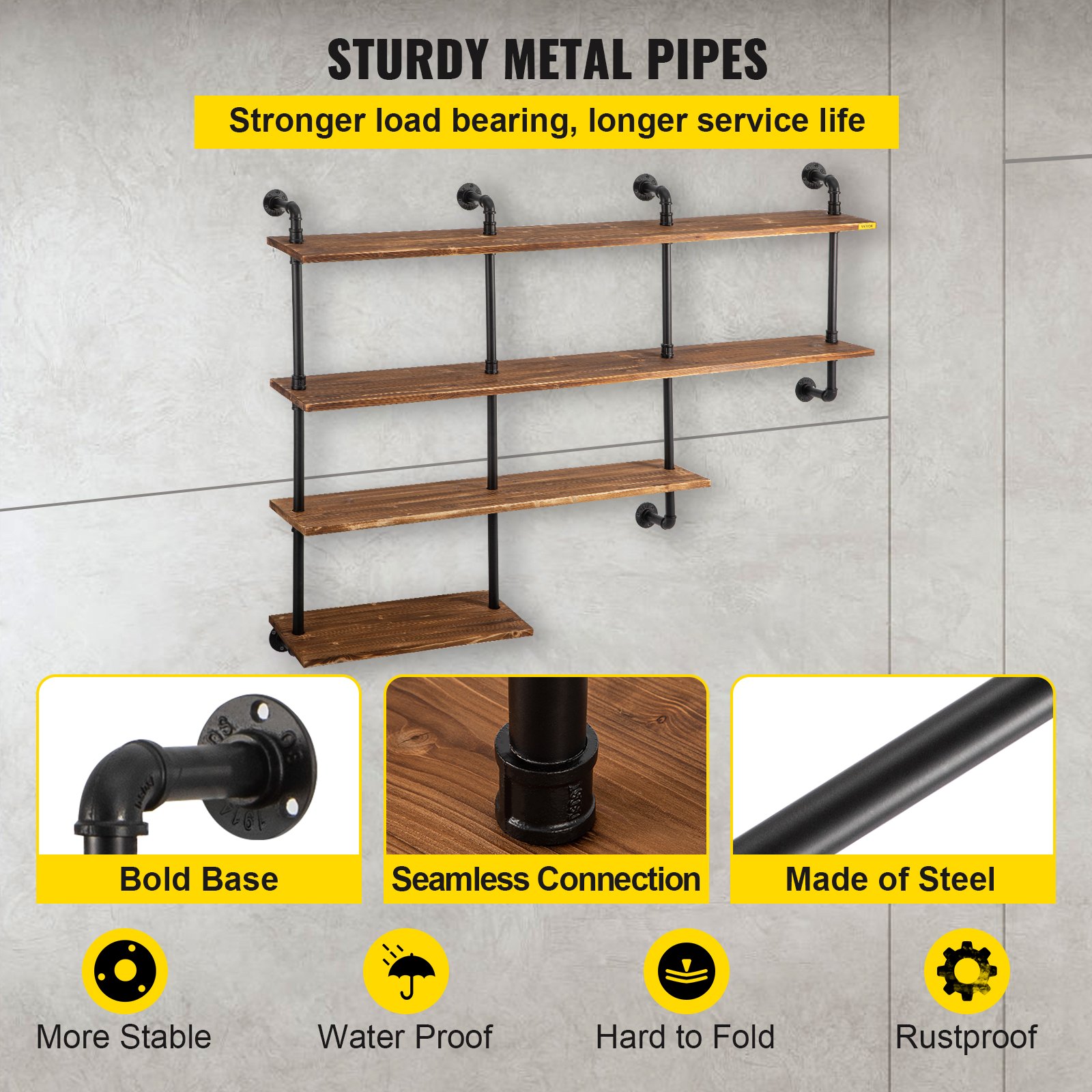 VEVOR Industrial Pipe Shelving, Pipe Shelves with 4-Tier Wood Planks, Rustic Floating Shelves Wall Mounted, Wall Shelf DIY Bookshelf for Bar Kitchen Bathroom Farmhouse Living Room, 63x50x11 inch
