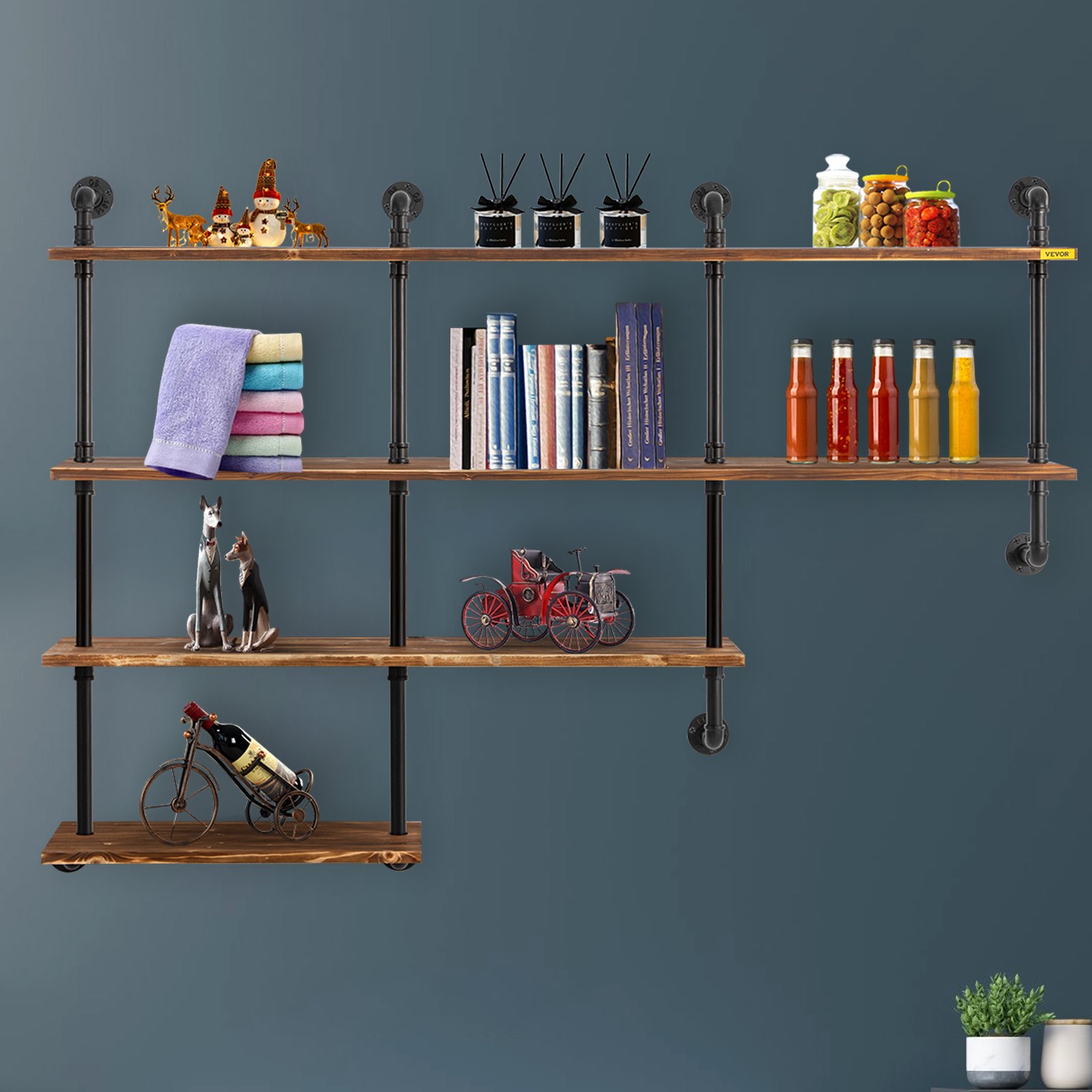 VEVOR Industrial Pipe Shelving, Pipe Shelves with 4-Tier Wood Planks, Rustic Floating Shelves Wall Mounted, Wall Shelf DIY Bookshelf for Bar Kitchen Bathroom Farmhouse Living Room, 63x50x11 inch