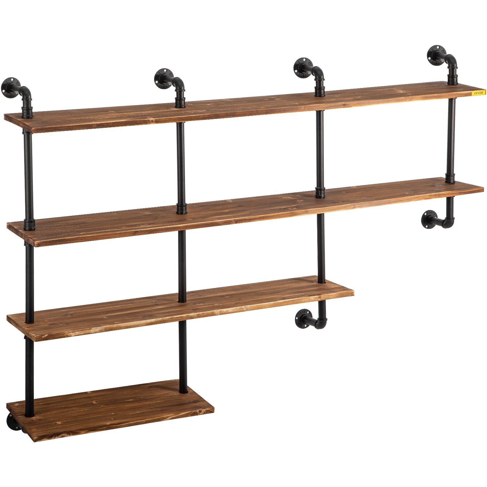 VEVOR Industrial Pipe Shelving, Pipe Shelves with 4-Tier Wood Planks, Rustic Floating Shelves Wall Mounted, Wall Shelf DIY Bookshelf for Bar Kitchen Bathroom Farmhouse Living Room, 63x50x11 inch