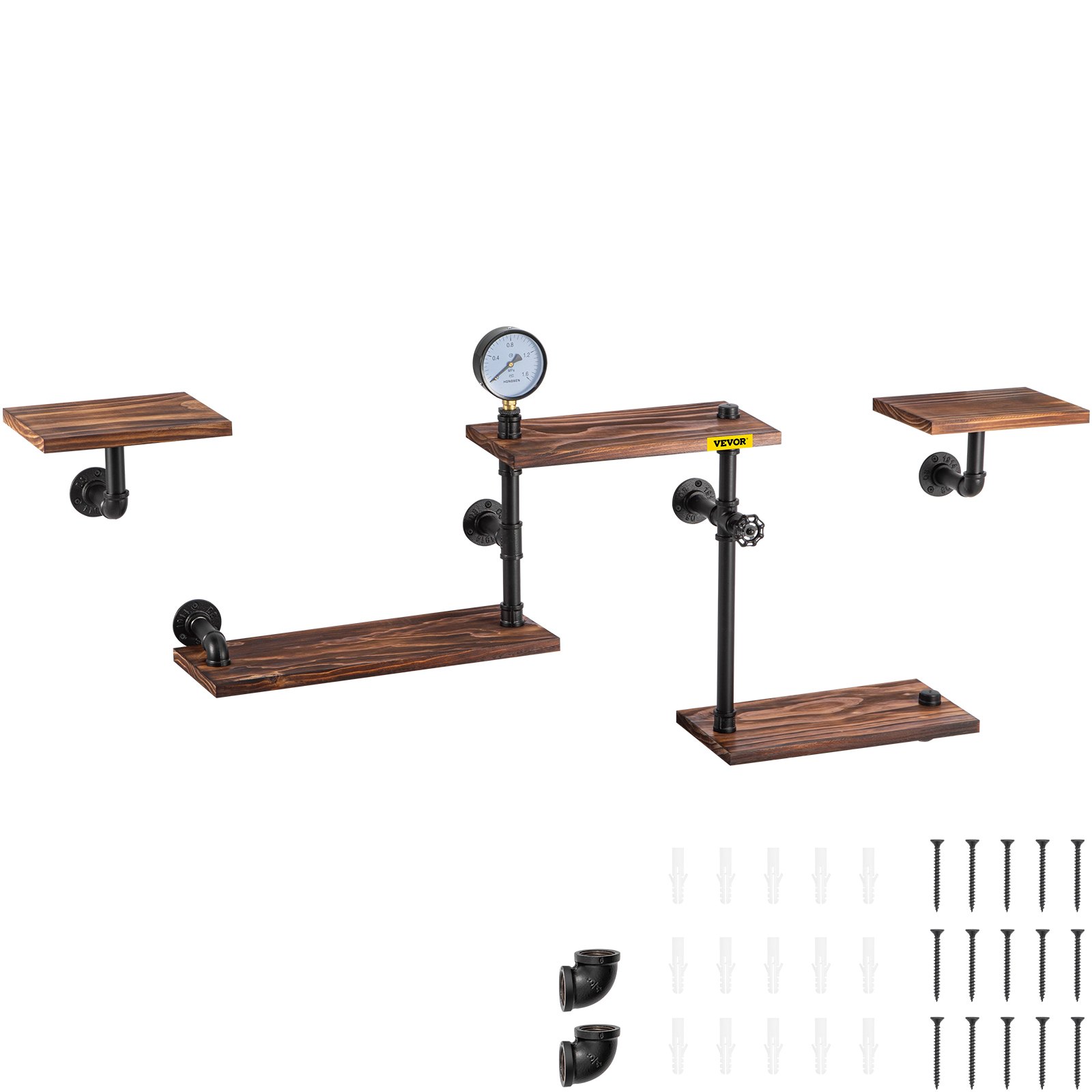 VEVOR Industrial Pipe Shelving, Pipe Shelves with 5-Tier Wood Planks, Rustic Floating Shelves Wall Mounted, Wall Shelf DIY Bookshelf for Bar Kitchen Bathroom Farmhouse Living Room, 47x28x9 inch