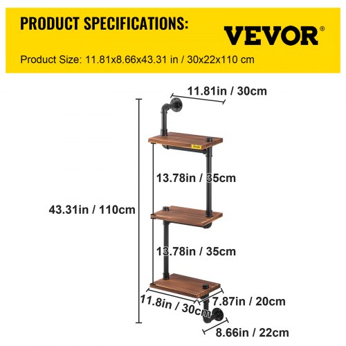 VEVOR Industrial Pipe Shelving, Pipe Shelves with 3-Tier Wood Planks, Rustic Floating Shelves Wall Mounted, Wall Shelf DIY Bookshelf for Bar Kitchen Bathroom Farmhouse Living Room, 9x12x43 inch