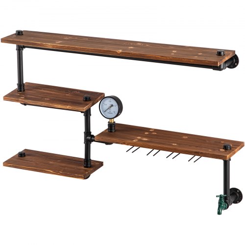 VEVOR Iron Pipes Shelving, Industrial Steel Pipe Shelf w/ 4-Tier Wood Planks, Wall Mounted Modern Rustic Floating Shelves, DIY Storage Bracket for Bathroom, Bookshelf, Kitchen, and Home Decor