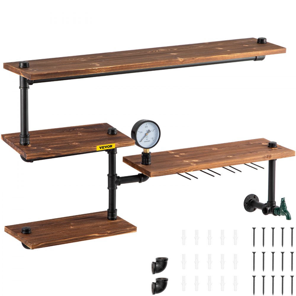 VEVOR Pipe Shelves Industrial Iron Pipe Wall Mounted w/ 4-Tier Wood Planks Brown