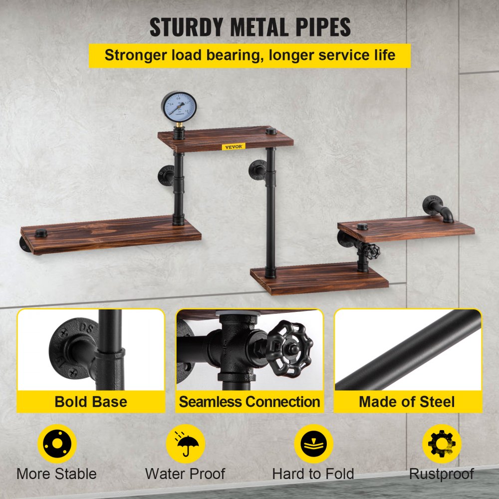 VEVOR Industrial Pipe Shelving, Pipe Shelves with 4-Tier Wood Planks, Rustic Floating Shelves Wall Mounted, Wall Shelf DIY Bookshelf for Bar Kitchen Bathroom Farmhouse Living Room, 51x25x9 inch